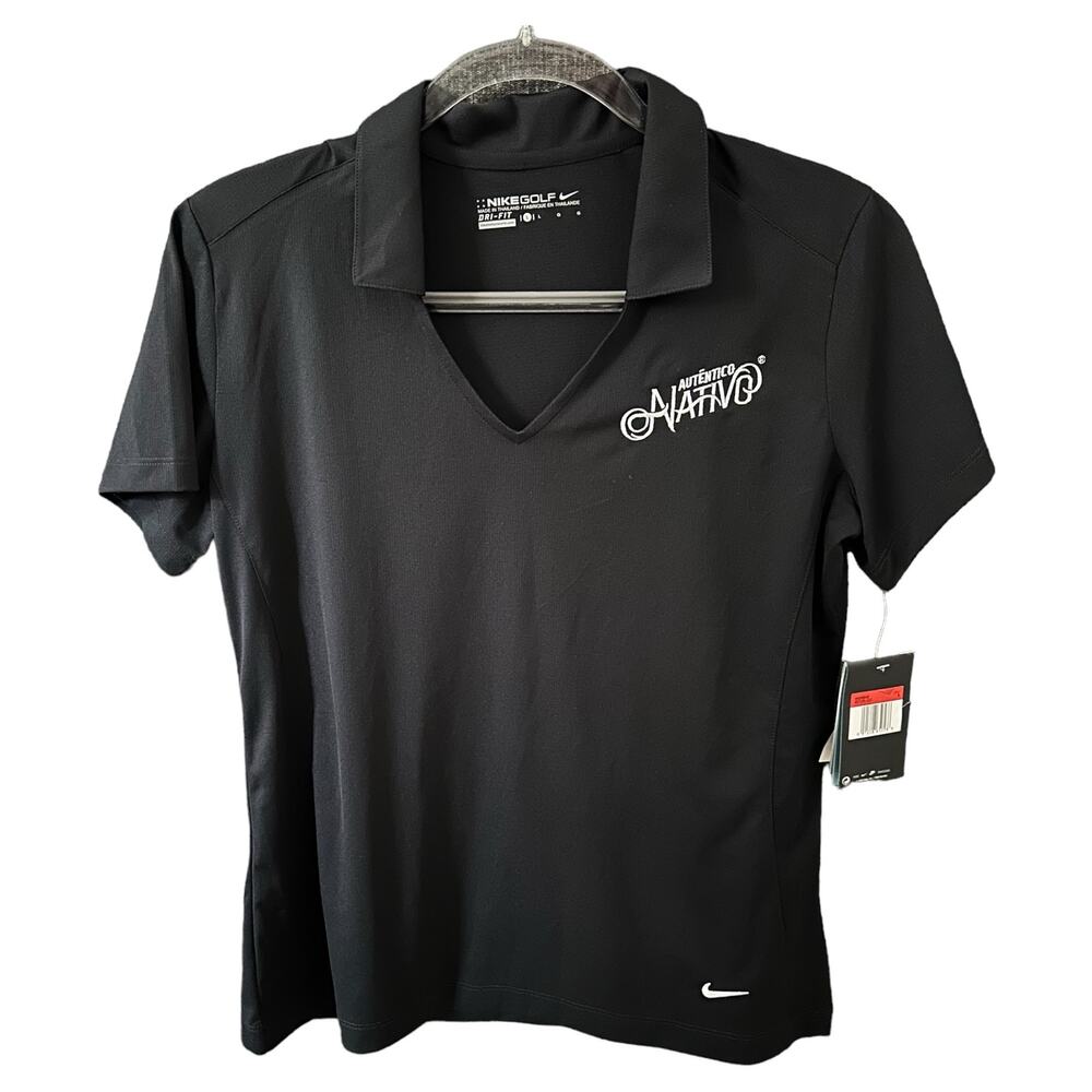 NIKE GOLF Dri-Fit Black Autentico Nativo Collar V-Neck Logo T-Shirt - NWT - L